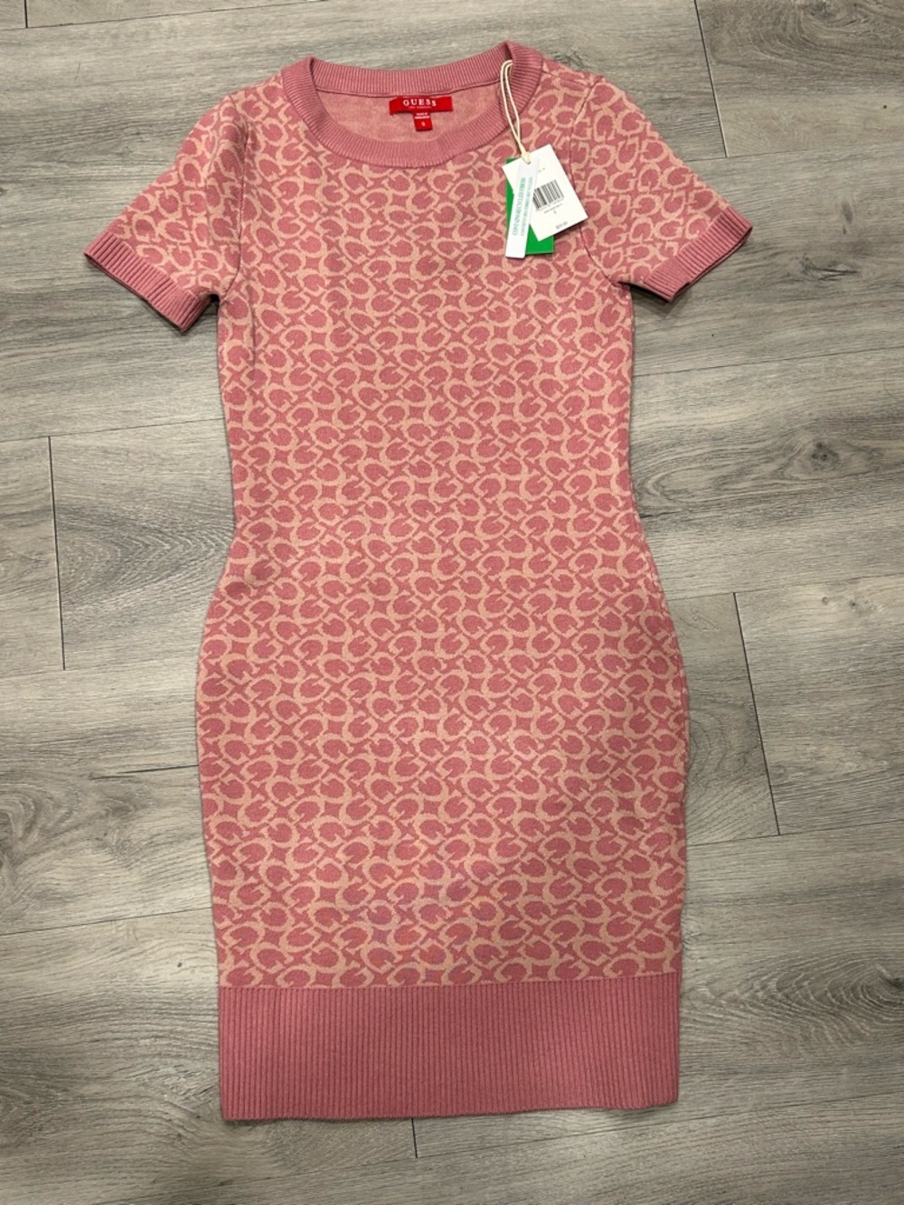 GUESS Pink Patterned Rib-Trim Knit Mini Dress